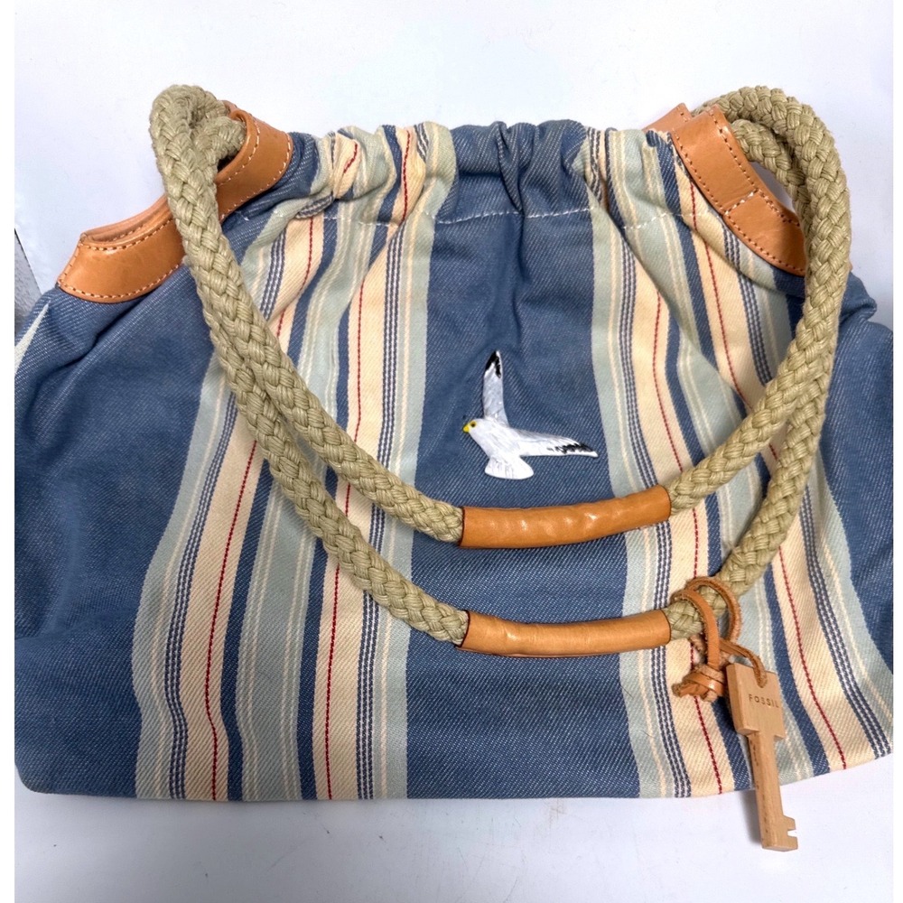 Fossil‎ Nautical Striped Canvas Tote Bag Seagull Embroidery Rope Handle 75082